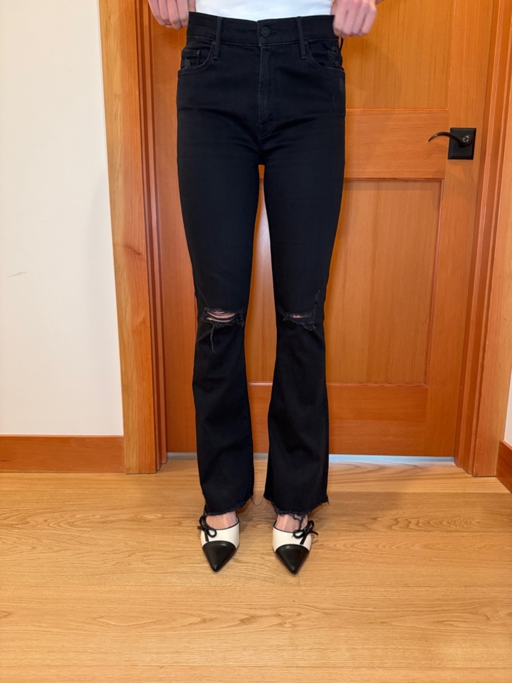 MOTHER Black Distressed High-Rise Flare Jeans